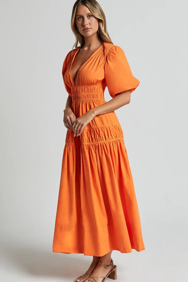 Mellie Midi Dress 8211 Puff Sleeve Plunge Tiered Dress In Orange Women Showpo Conscious