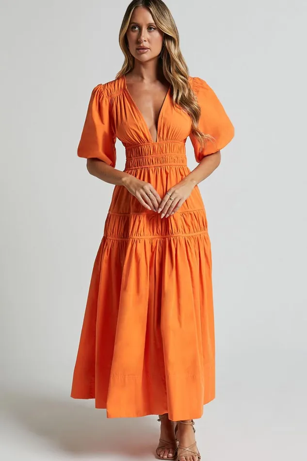 Mellie Midi Dress 8211 Puff Sleeve Plunge Tiered Dress In Orange Women Showpo Conscious