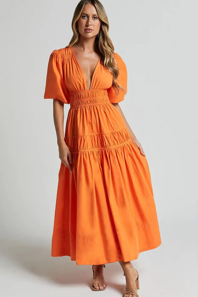 Mellie Midi Dress 8211 Puff Sleeve Plunge Tiered Dress In Orange Women Showpo Conscious