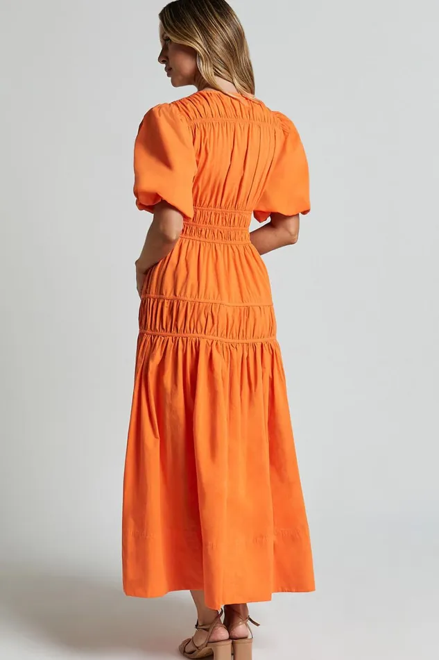 Mellie Midi Dress 8211 Puff Sleeve Plunge Tiered Dress In Orange Women Showpo Conscious