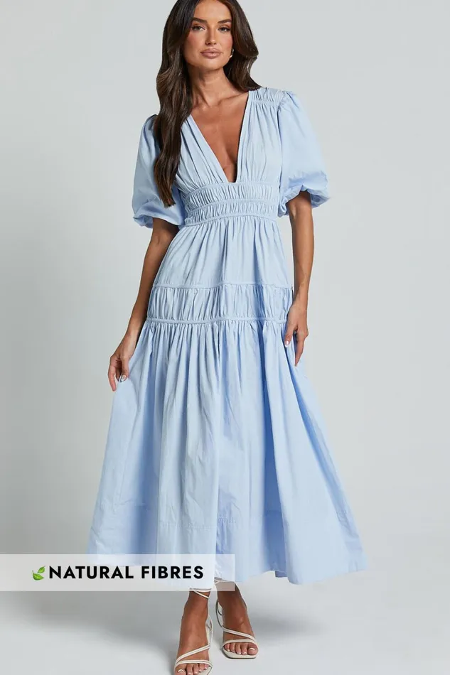 Mellie Midi Dress 8211 Puff Sleeve Plunge Tiered Dress In Soft Blue Women Showpo Curve Clothes Mellie Midi Dress 8211 Puff Sleeve Plunge Tiered Dress In Soft Blue Women Showpo Curve Clothes