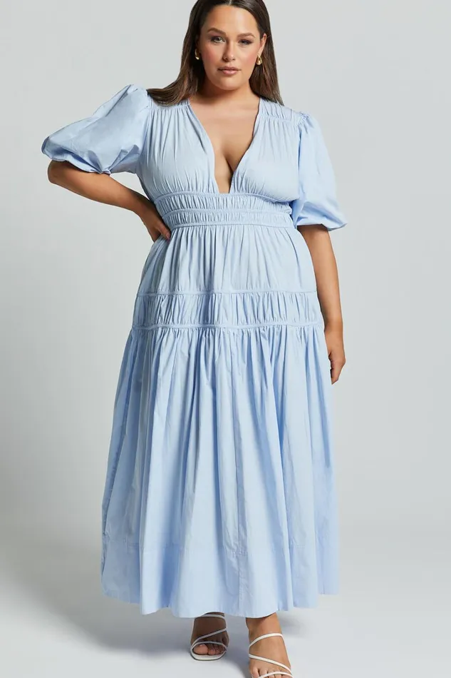 Mellie Midi Dress 8211 Puff Sleeve Plunge Tiered Dress In Soft Blue Women Showpo Curve Clothes