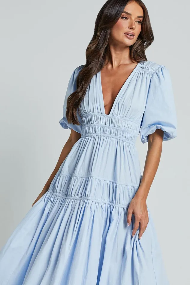 Mellie Midi Dress 8211 Puff Sleeve Plunge Tiered Dress In Soft Blue Women Showpo Curve Clothes