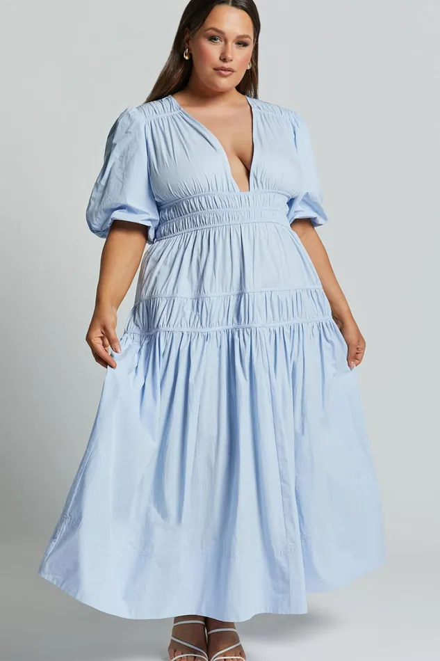 Mellie Midi Dress 8211 Puff Sleeve Plunge Tiered Dress In Soft Blue Women Showpo Curve Clothes