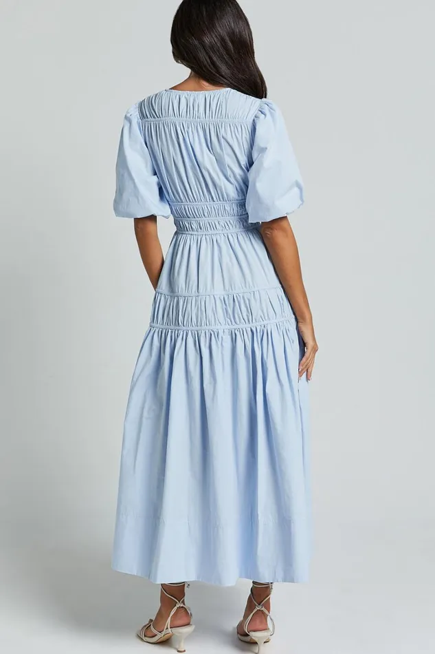 Mellie Midi Dress 8211 Puff Sleeve Plunge Tiered Dress In Soft Blue Women Showpo Curve Clothes