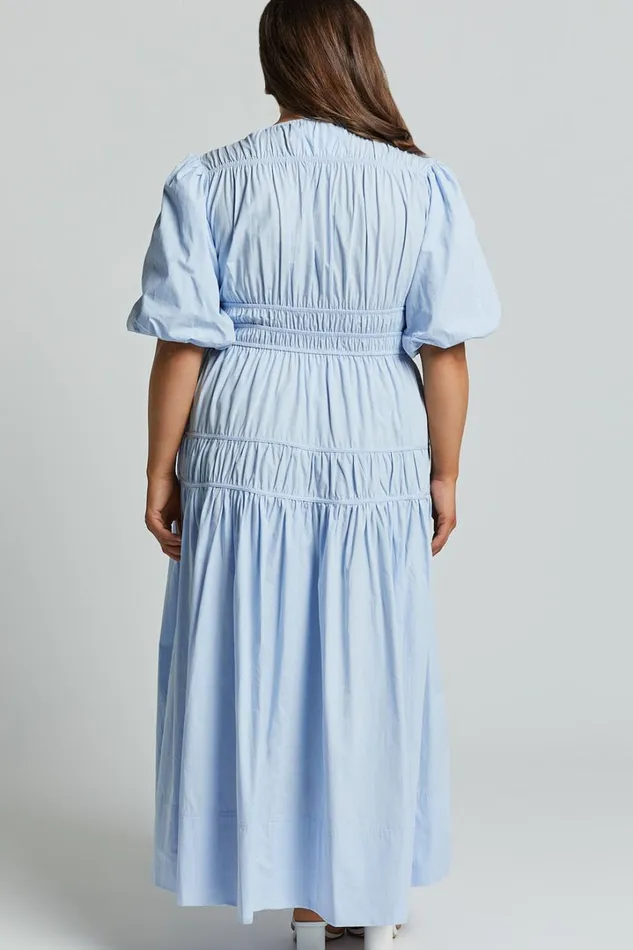 Mellie Midi Dress 8211 Puff Sleeve Plunge Tiered Dress In Soft Blue Women Showpo Curve Clothes