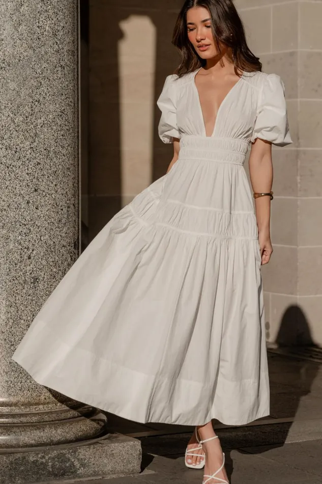 Mellie Midi Dress 8211 Puff Sleeve Plunge Tiered Dress In White Women Showpo Curve Clothes Mellie Midi Dress 8211 Puff Sleeve Plunge Tiered Dress In White Women Showpo Curve Clothes