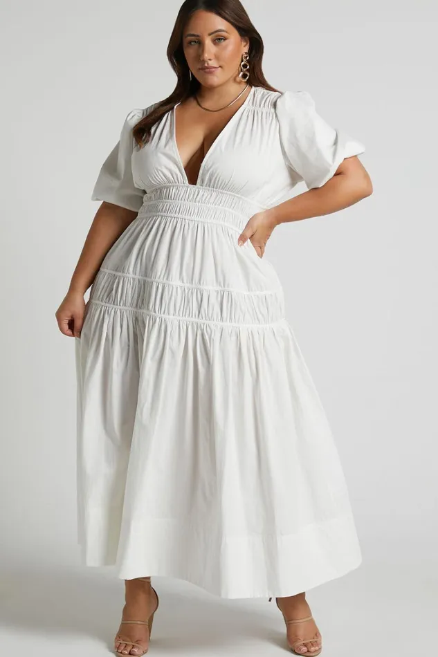 Mellie Midi Dress 8211 Puff Sleeve Plunge Tiered Dress In White Women Showpo Curve Clothes
