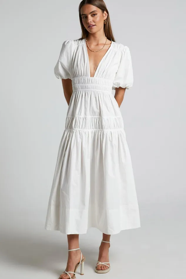 Mellie Midi Dress 8211 Puff Sleeve Plunge Tiered Dress In White Women Showpo Curve Clothes
