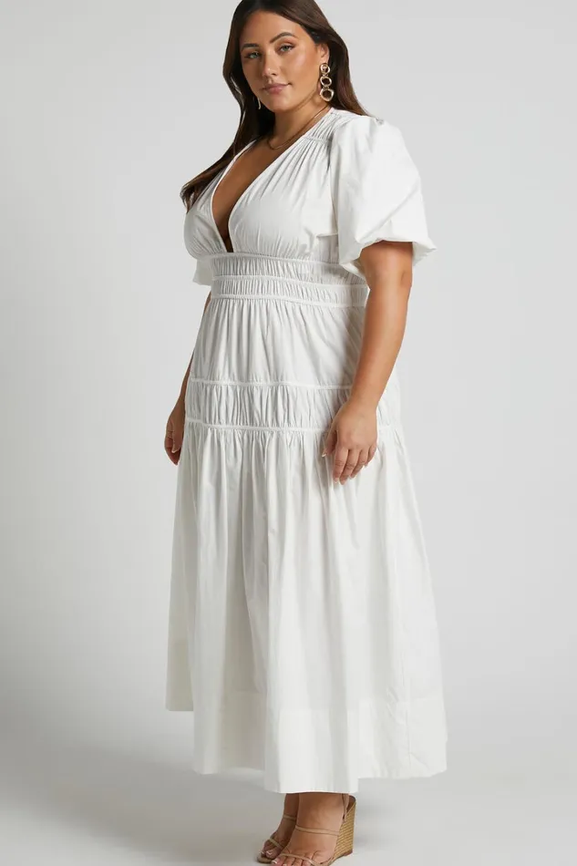 Mellie Midi Dress 8211 Puff Sleeve Plunge Tiered Dress In White Women Showpo Curve Clothes