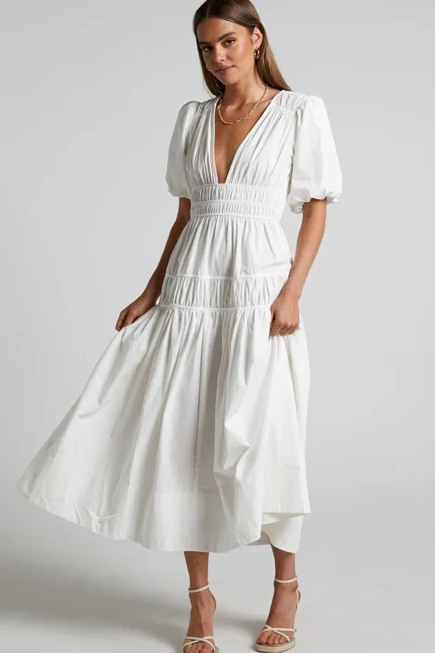 Mellie Midi Dress 8211 Puff Sleeve Plunge Tiered Dress In White Women Showpo Curve Clothes