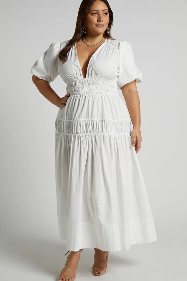 Mellie Midi Dress 8211 Puff Sleeve Plunge Tiered Dress In White Women Showpo Curve Clothes
