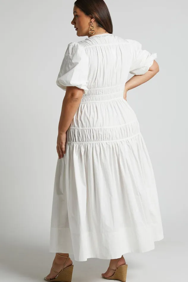 Mellie Midi Dress 8211 Puff Sleeve Plunge Tiered Dress In White Women Showpo Curve Clothes