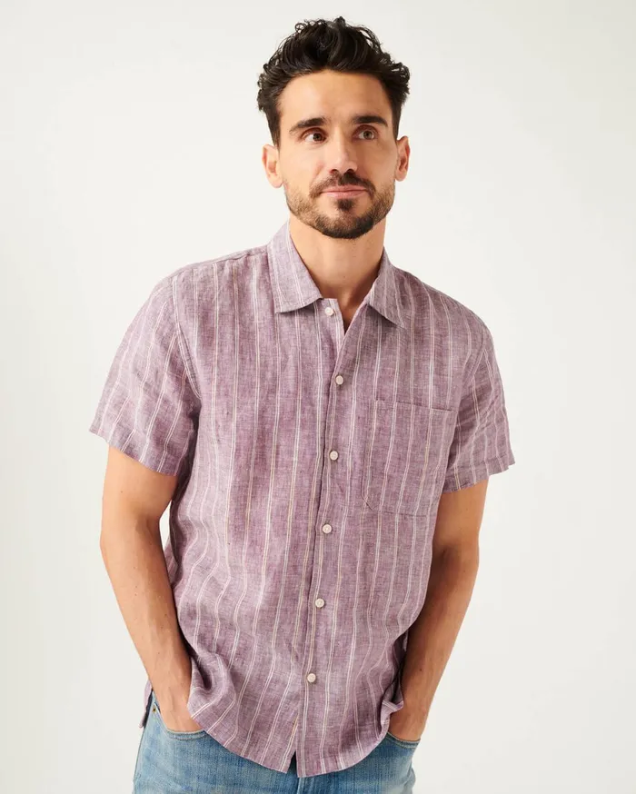 Men 7 For All Mankind Shirts One Pocket Camp Collar Shirt In Mauve Stripe