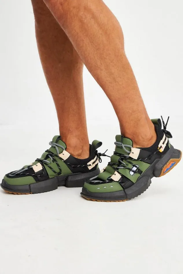 Men Baskets Kaki Empicements BeigesNoirs Green Brentiny Paris Sneakers