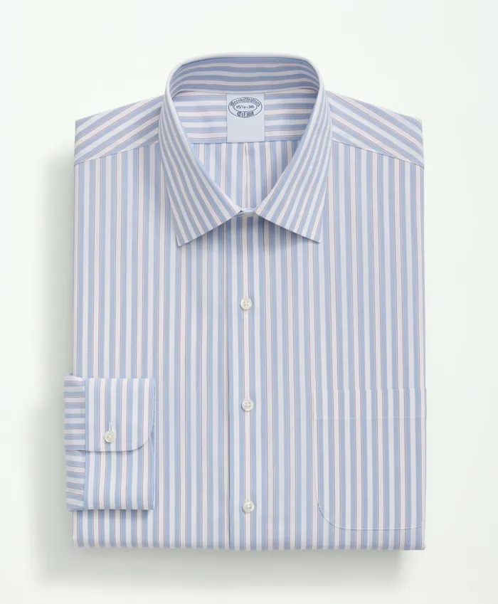 Men Big and Tall Stretch Supima Cotton NonIron Poplin Ainsley Collar Striped Dress Shirt Light Blue Brooks Brothers Dress Shirts