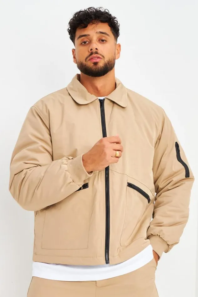 Men Blouson Beige Fonc Poches Zippes Darkbeige Brentiny Paris Jackets