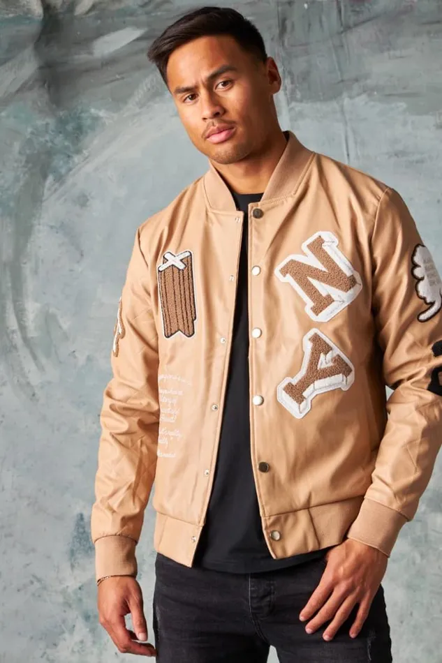 Men Bomber En Simili Cuir Beige Fonc Brode 034Ny034 Darkbeige Brentiny Paris Jackets Men Bomber En Simili Cuir Beige Fonc Brode 034Ny034 Darkbeige Brentiny Paris Jackets