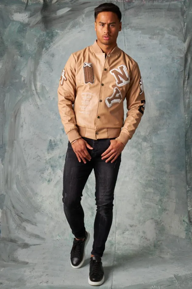 Men Bomber En Simili Cuir Beige Fonc Brode 034Ny034 Darkbeige Brentiny Paris Jackets Men Bomber En Simili Cuir Beige Fonc Brode 034Ny034 Darkbeige Brentiny Paris Jackets