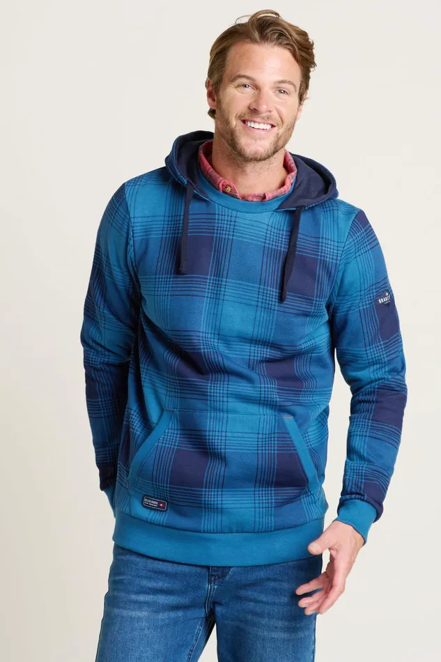 Men Brakeburn Sweatshirts And Hoodies Blue Check Hooded Crew Neck Sweatshirt