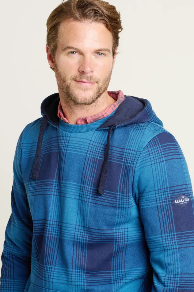 Men Brakeburn Sweatshirts And Hoodies Blue Check Hooded Crew Neck Sweatshirt