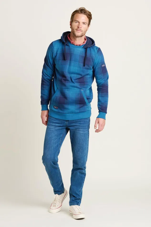 Men Brakeburn Sweatshirts And Hoodies Blue Check Hooded Crew Neck Sweatshirt