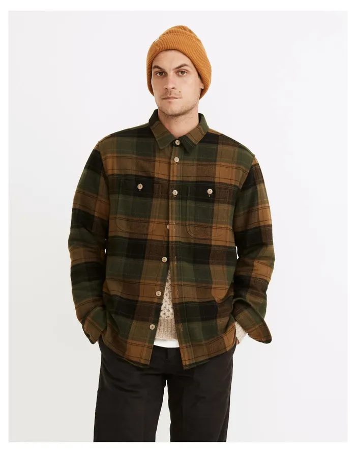 Men Brushed Flannel Easy Long Sleeve Shirt In Plaid Asparagus Madewell Jackets