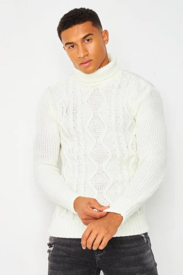 Men Cable Knit Roll Neck Jumper In White White Brentiny Paris Sweatshirts and Pullovers