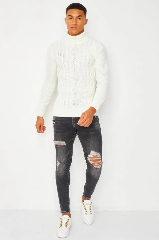 Men Cable Knit Roll Neck Jumper In White White Brentiny Paris Sweatshirts and Pullovers