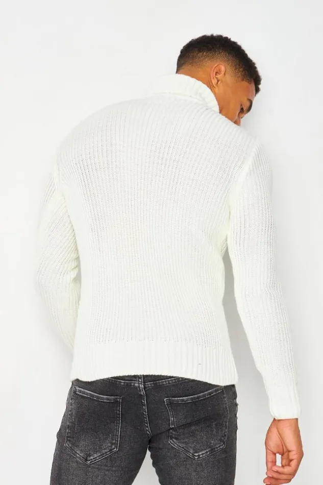 Men Cable Knit Roll Neck Jumper In White White Brentiny Paris Sweatshirts and Pullovers
