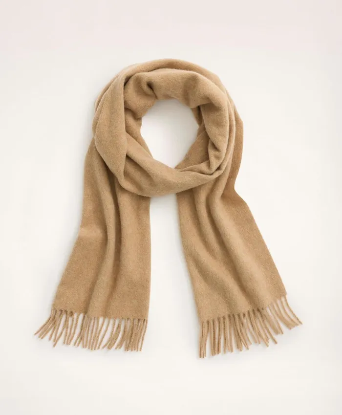 Men Cashmere Fringed Scarf Camel Brooks Brothers Hats and Scarves