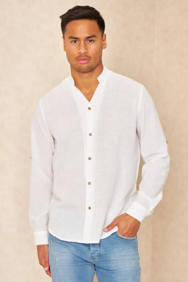 Men Chemise Fluide Col V Mao Texture Lin Blanc White Brentiny Paris Shirts
