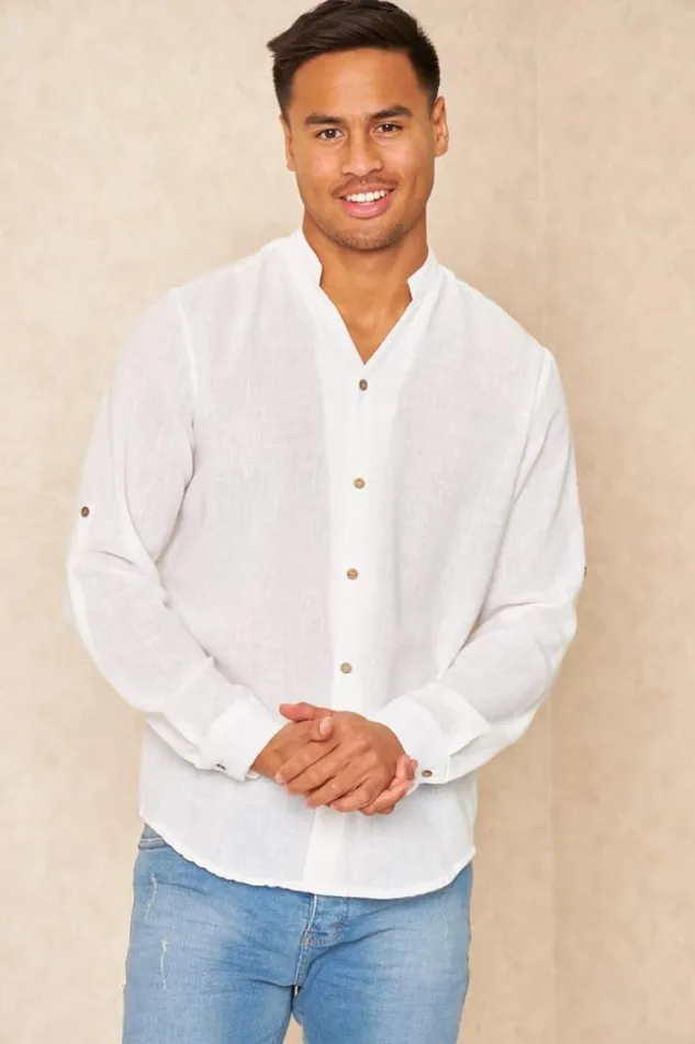 Men Chemise Fluide Col V Mao Texture Lin Blanc White Brentiny Paris Shirts