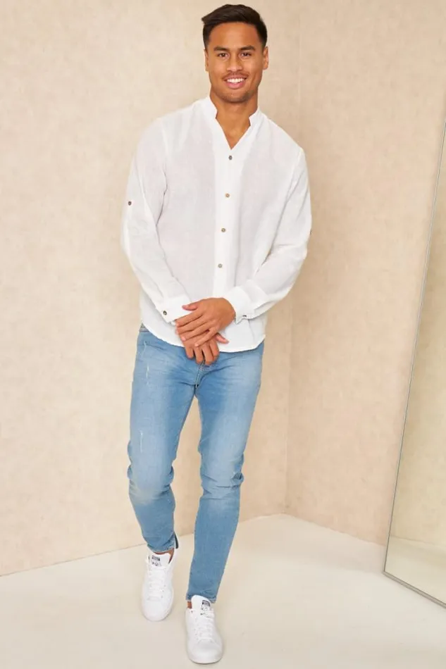 Men Chemise Fluide Col V Mao Texture Lin Blanc White Brentiny Paris Shirts