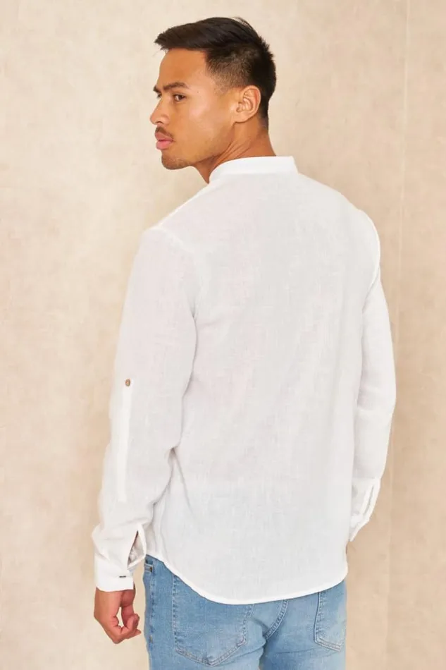 Men Chemise Fluide Col V Mao Texture Lin Blanc White Brentiny Paris Shirts