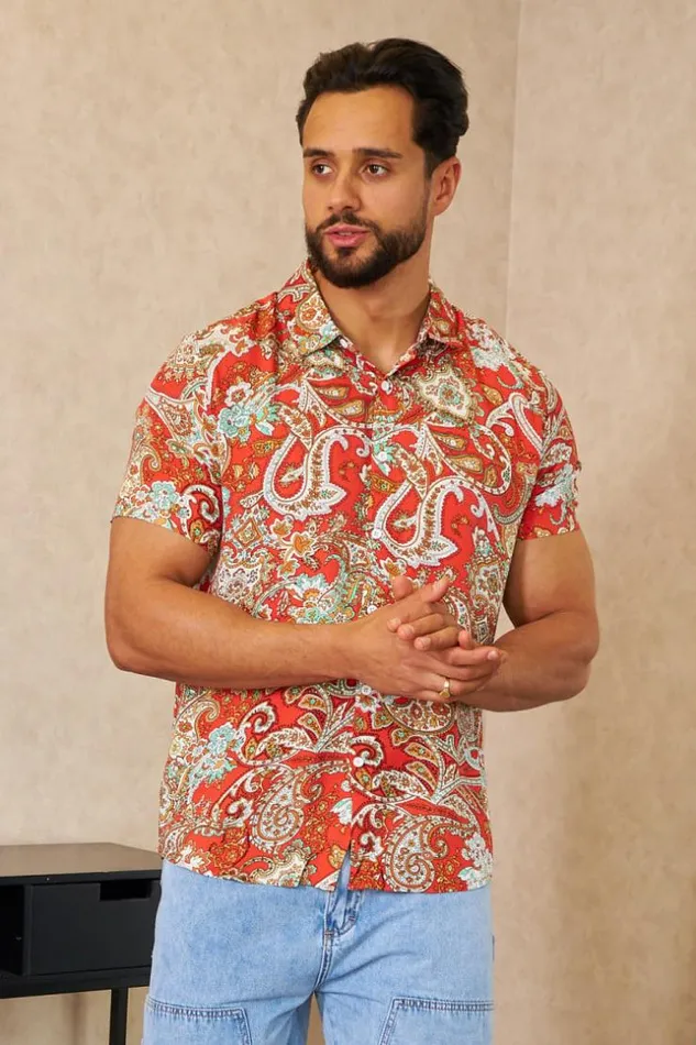 Men Chemise Orange Motif Baroque Orange Brentiny Paris Shirts
