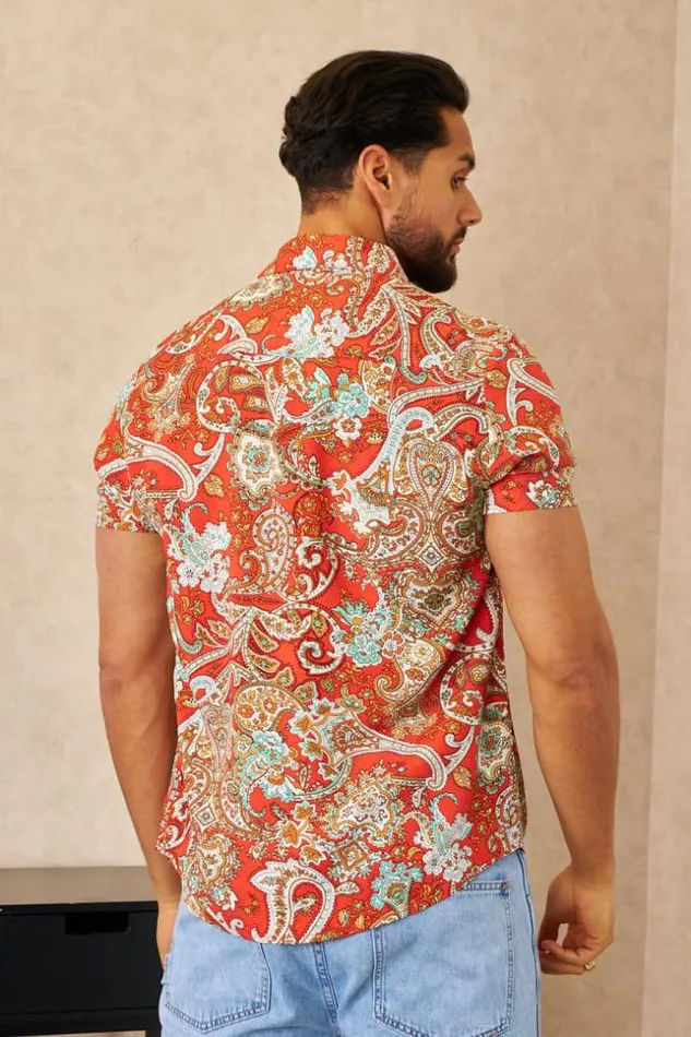 Men Chemise Orange Motif Baroque Orange Brentiny Paris Shirts