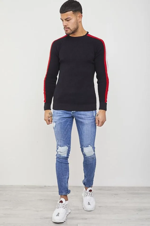 Men Dark Blue Jumper With White And Red Stripes Blue Brentiny Paris Sweatshirts and Pullovers