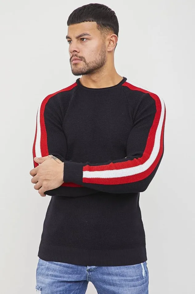 Men Dark Blue Jumper With White And Red Stripes Blue Brentiny Paris Sweatshirts and Pullovers