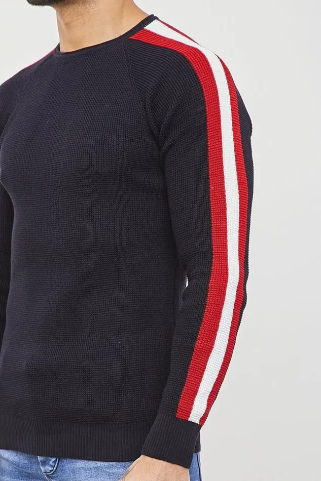 Men Dark Blue Jumper With White And Red Stripes Blue Brentiny Paris Sweatshirts and Pullovers