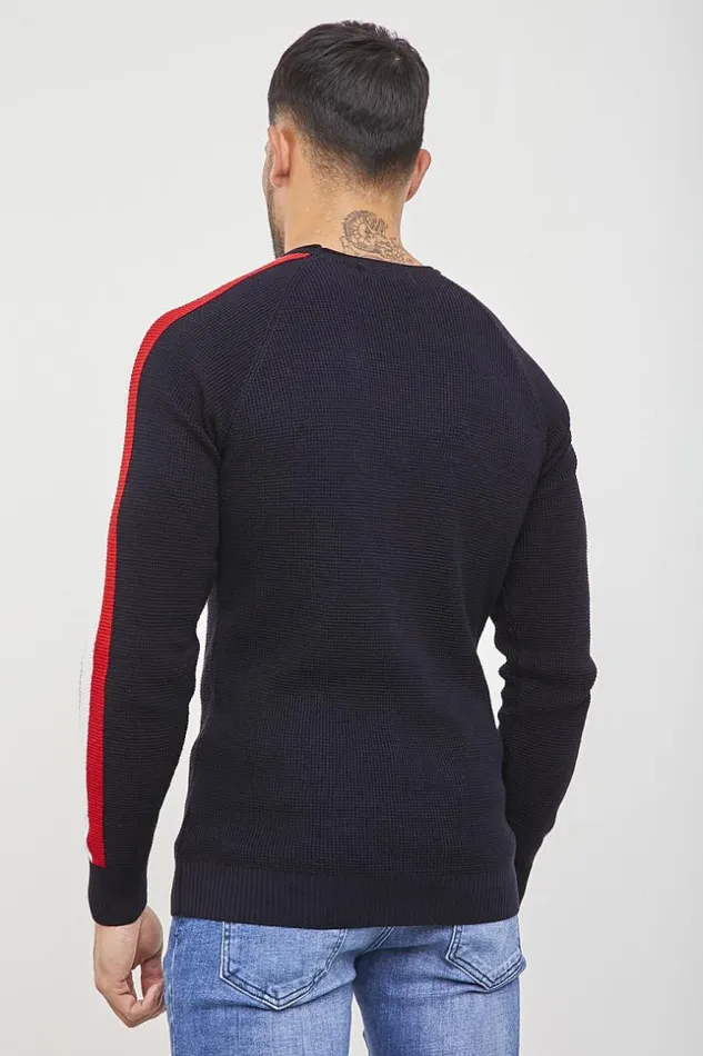Men Dark Blue Jumper With White And Red Stripes Blue Brentiny Paris Sweatshirts and Pullovers