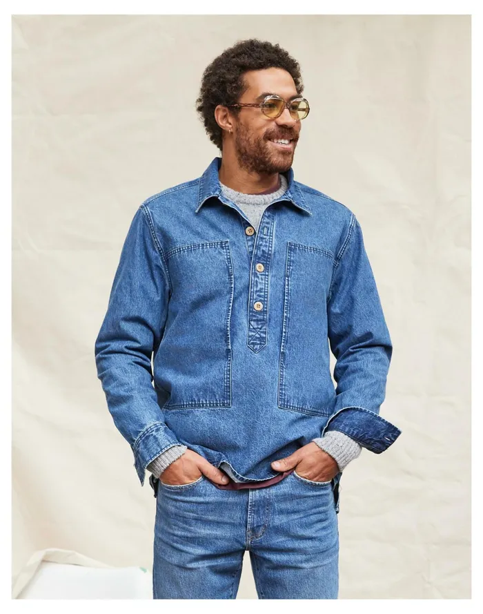 Men Denim Easy Long Sleeve Popover Shirt Barado Wash Madewell Shirts