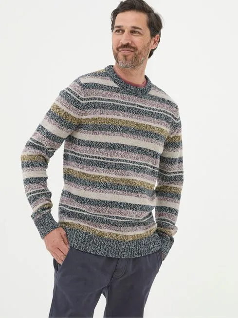 Men Fatface Knitwear Hove Navy Blue Stripe Crew Jumper