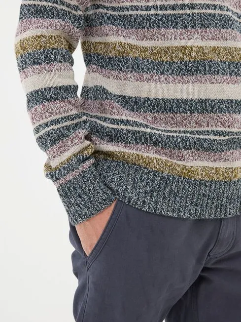 Men Fatface Knitwear Hove Navy Blue Stripe Crew Jumper