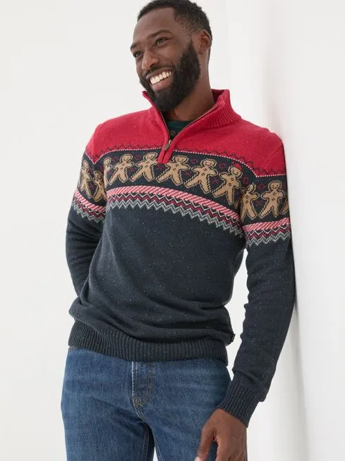 Men Fatface Knitwear Navy Blue Pattern Half Neck Jumper