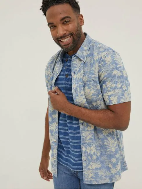 Men Fatface Shirts Blue Hawaiian Print Shirt