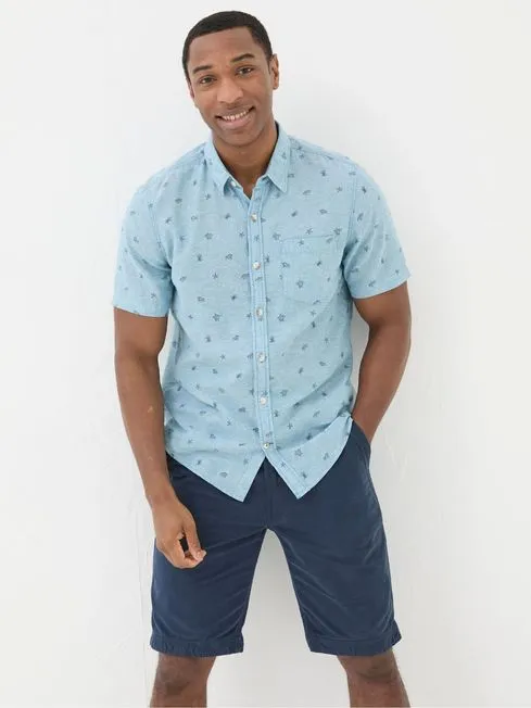 Men Fatface Shirts Blue Short Sleeve Turtle Print Shirt