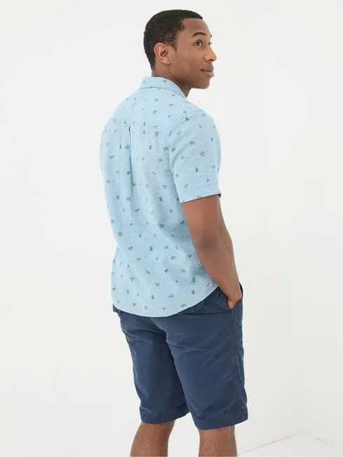 Men Fatface Shirts Blue Short Sleeve Turtle Print Shirt