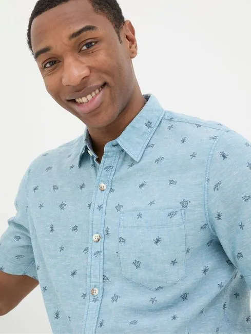 Men Fatface Shirts Blue Short Sleeve Turtle Print Shirt