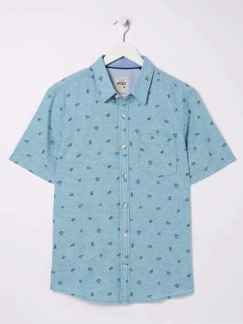 Men Fatface Shirts Blue Short Sleeve Turtle Print Shirt
